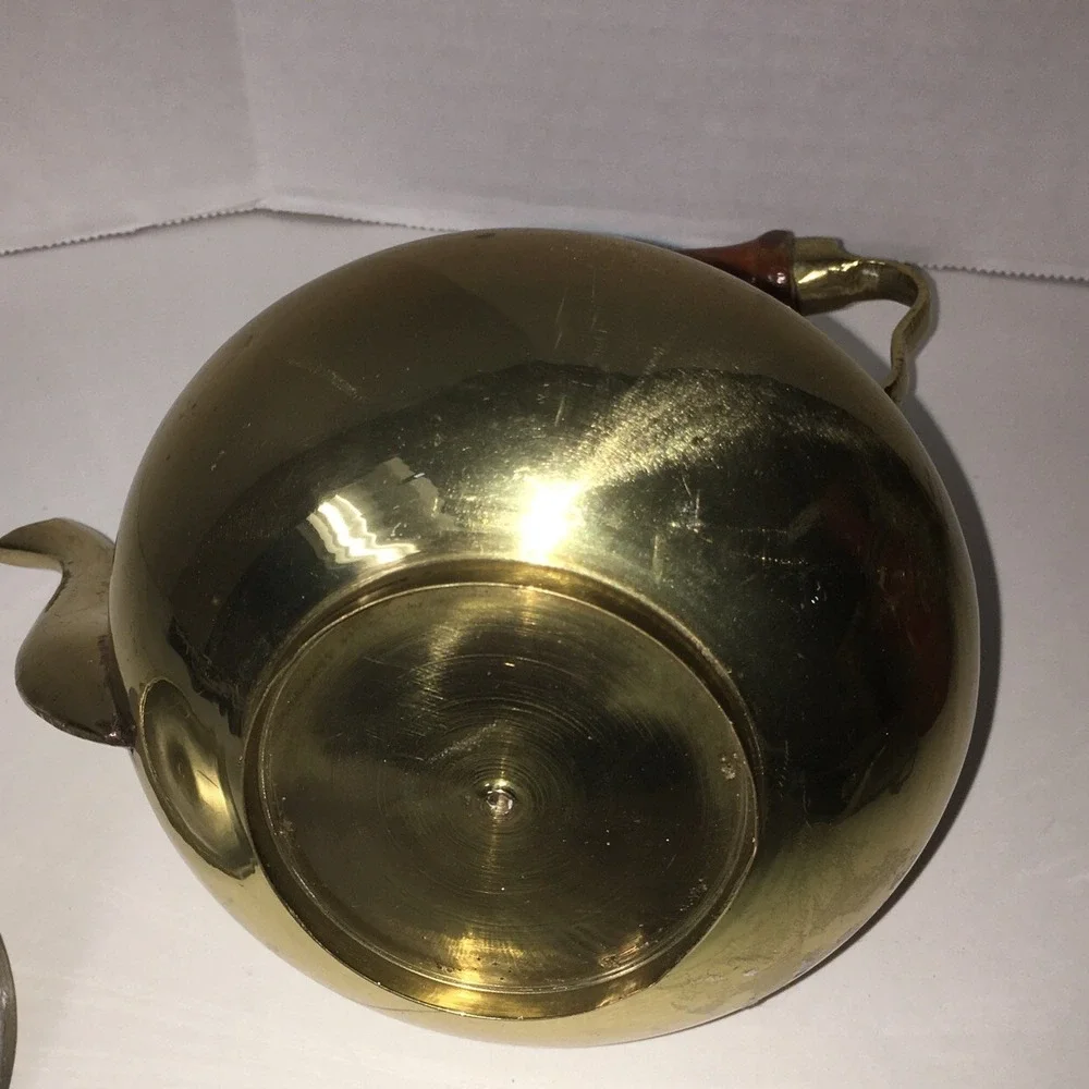Vintage Decorative Use Only Collectible Brass Finish Tea Kettle With Wood Handle